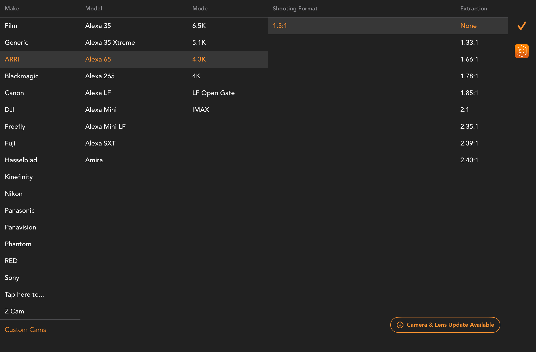 The Artemis camera picker showing make, model, mode, shooting format, and extraction columns