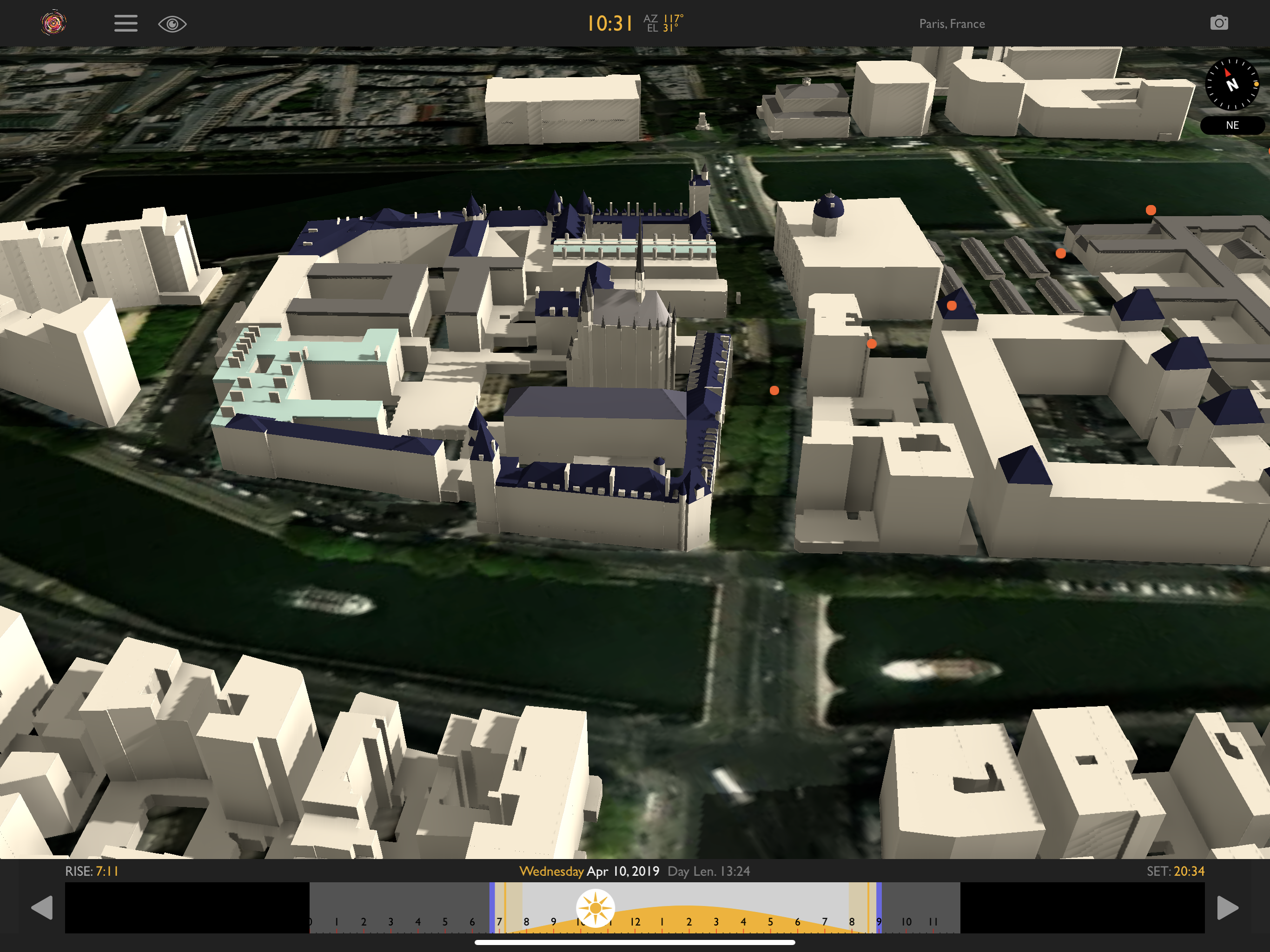 Helios simulating sunlight falling on buildings in a city street