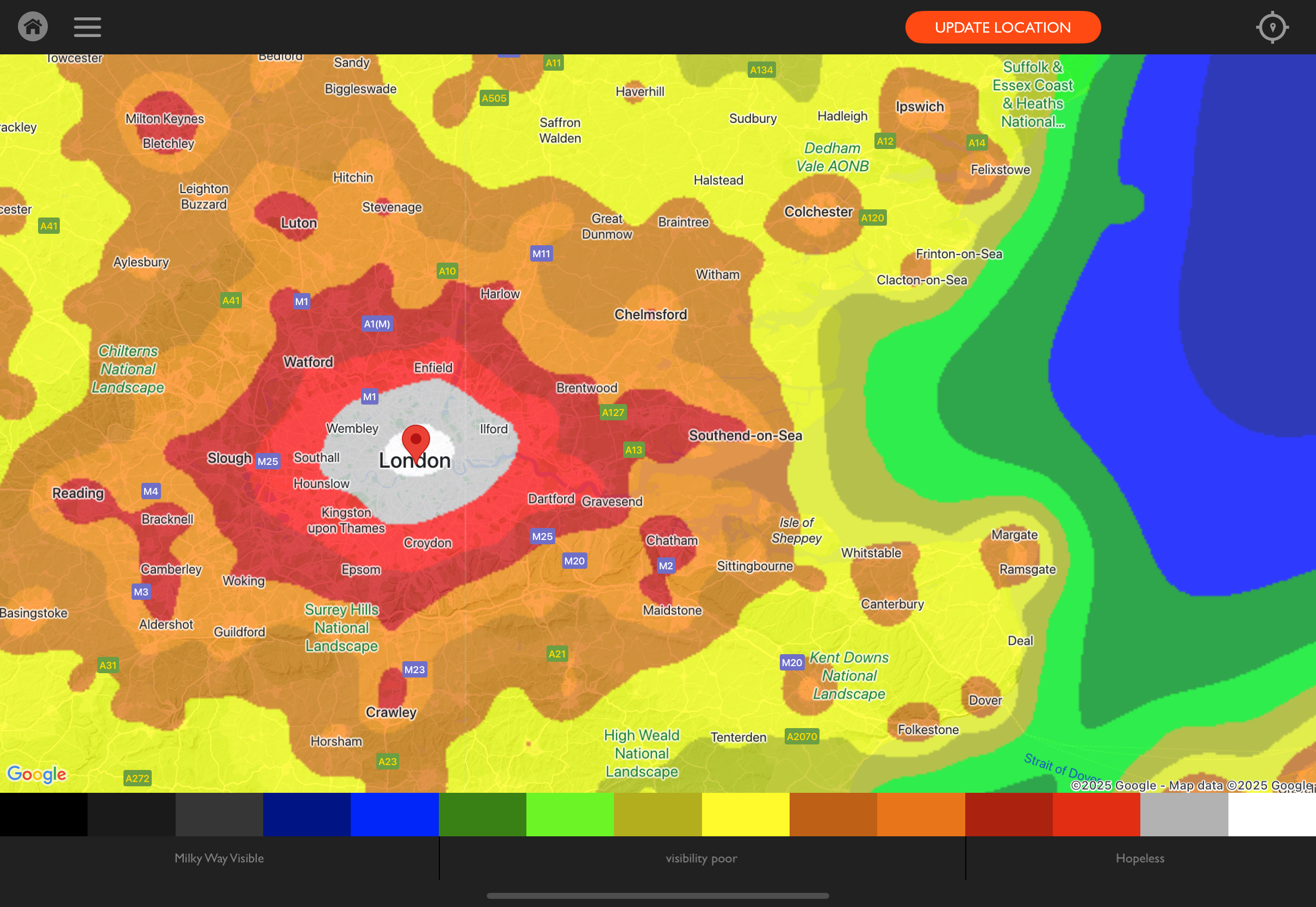 Helios light pollution map for finding dark-sky locations